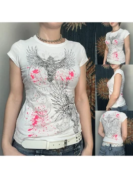 Vintage Grunge Kadın Punk Kırpma Üstleri Peri Grunge Kanatları Baskı Kısa Kollu Slim Fit Gömlek Goth Streetwear