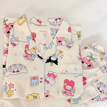 Yeni Kawaii Sanrio Hello Kitty My Melody Hangyodon Pijama Kadın Uzun Kollu Hırka Sonbahar Kış Sevimli Karikatür Eşofman Takım Elbise
