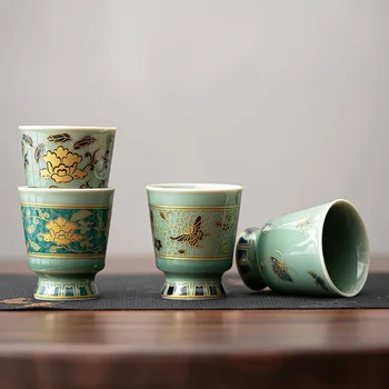 Yue Fırın Seladonlar Çay Seti Kung Fu Master Fincan Tek Seramik Ev Yüksek dereceli Altın Boyama Örnek Çay Bardağı