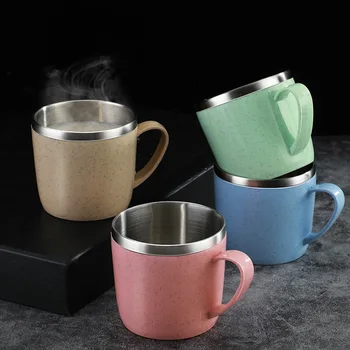 Çift Katmanlı Anti-haşlanma Paslanmaz Çelik Bardak Plastik Saplı Kahve Süt Kupa Çay İçecekleri Su Bardağı Ev Ofis için Bardak