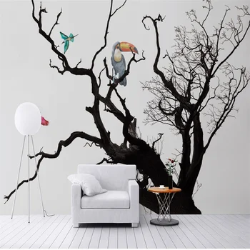 Özelleştirilmiş duvar kağıdı iç decorationNordic siyah ve beyaz sanatsal anlayışı büyük ağaç uçan kuş duvar kağıdı ev decoratio