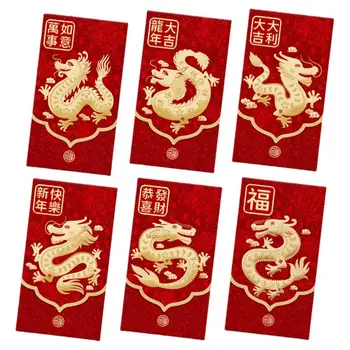 Şenlikli Çin Tarzı Ejderha Desen Zarf Seti Yeni Yıl Kutlamaları için 6 adet Kırmızı Cep Koleksiyonu