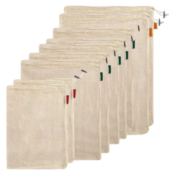 Bakkal, Sebze ve taze Ürün depolama pamuklu çantalar için 9 adet yeniden kullanılabilir örgü Çanta Seti