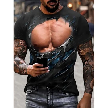 Erkekler 3D Kas Dövme Baskı T-Shirt Komik Erkek Kısa Kollu Dijital Baskı Gömlek Üstleri Tee Gömlek Adam Nefes Üst