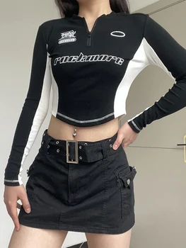 Kadın Çeyrek Fermuar Uzun Kollu Mahsul Tops Standı Yaka Mektubu Desen Vintage yarış ceketi Blokecore Giysileri
