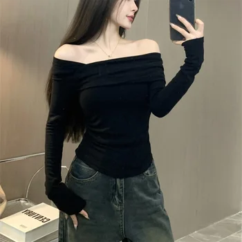 Kadınlar için açık omuzlu t-shirt Casual Katı Uzun Kollu Gömlek Kırpılmış Üstleri Streetwear Clubwear Seksi Eğik Yaka Sıcak Kazaklar