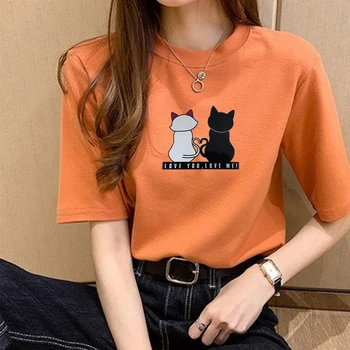 Rahat T Shirt Kadın Yaz Harajuku Tee Gömlek Femme Benzersiz Baskı Kedi Hayvan Tişörtleri Kadınlar İçin Kısa Kollu sıfır yaka bluzlar