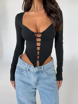 Seksi V Yaka Kırpılmış Hollow Out kadın T-shirt Bodycon Lace Up Uzun Kollu Temel Tees Kadın 2023 Sonbahar Bayan Streetwear Tops