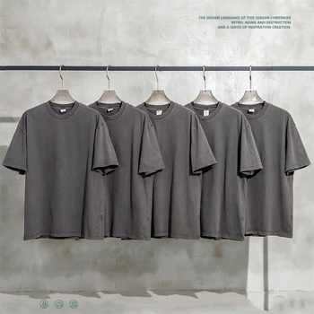 Vingate Erkekler 270gsm Yıkanmış pamuklu tişört Unisex Retro Gevşek Ripped Sıkıntılı T shirt Marka Üstleri Yaz HY0304