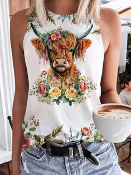 Yaz 3D Baskı Çiçek Yayla Sığır Tankı Üstleri Kadın Y2k Streetwear O-Boyun Yelek Kapalı Omuz Kolsuz Kadın Kızlar Kaşkorse