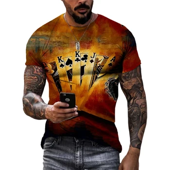 Yeni Serin Kişilik Poker Desen erkek Rahat Moda Kart Desen T-shirt 3D Baskı Kısa Kollu Üst