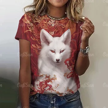 Yeni kadın T-Shirt, Sonbahar Akçaağaç Tilki Baskı Elemanı Basit Kısa Kollu Moda Rahat Üst Y2k Büyük Boy bol tişört