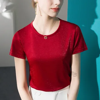 Yüksek Kalite 2024 Kadın Üst Bahar Yaz Duygusu Buz T-shirt Kadın Parlatıcı Giyim Seksi Kırpma üst Giysi Rahat Bluz Y2k