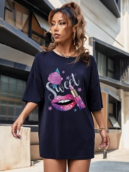 ruj ağız gül Moda Baskı Tasarım T-Shirt Kadın Gevşek Büyük Boy Elbise Yaz Nefes Pamuk Kısa Kollu Streetwear